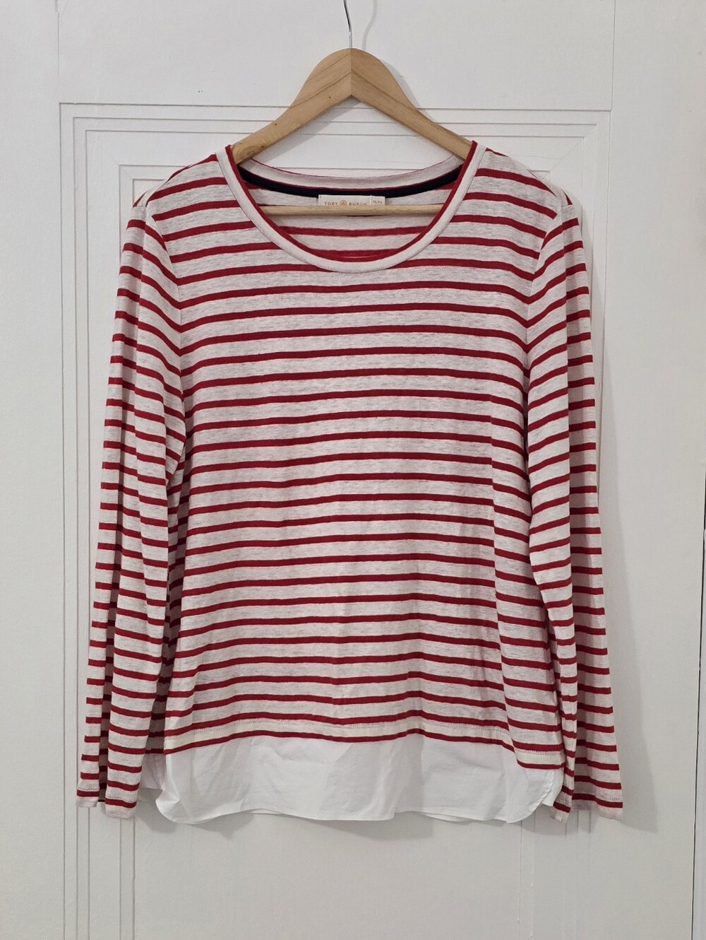 Tory Burch Red and White Striped Long-Sleeve 100% Linen Tee Size XL, Euc